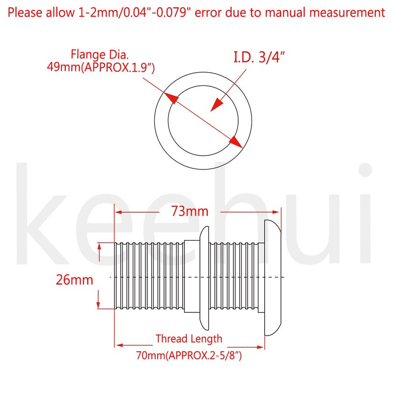 keehui 316 Stainless SteelCombo Stainless Steel Thru-Hull Fitting w/Nut & Gasket for (3/4" ID) - Image 2